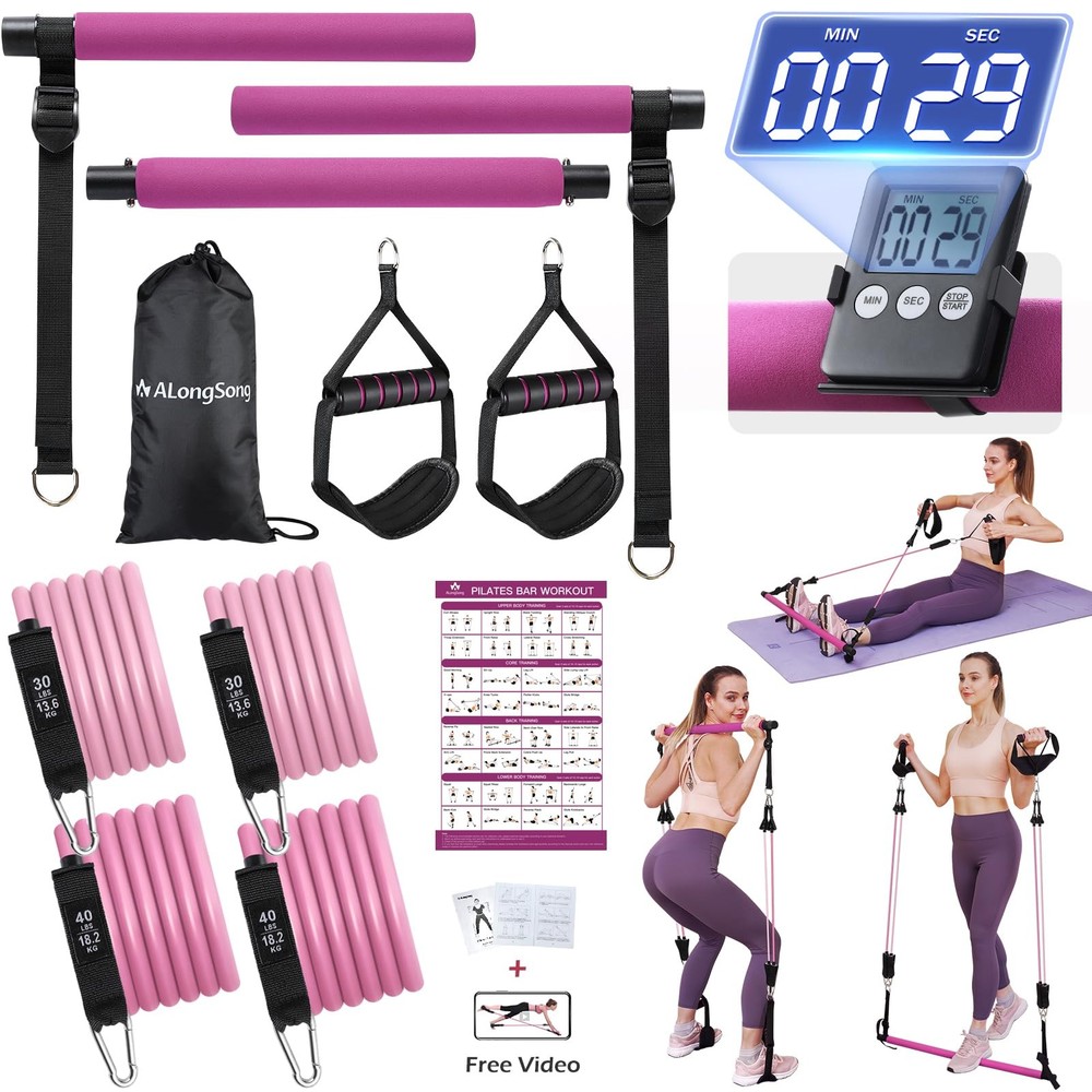 ALongSong Upgraded Pilates Bar Kit with Resistance Bands 30/40lbs, Purple Red
