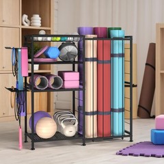 Yoga Mat Holder 4 Tier Home Gym Storage Rack W/ Hooks & Basket Metal Sports