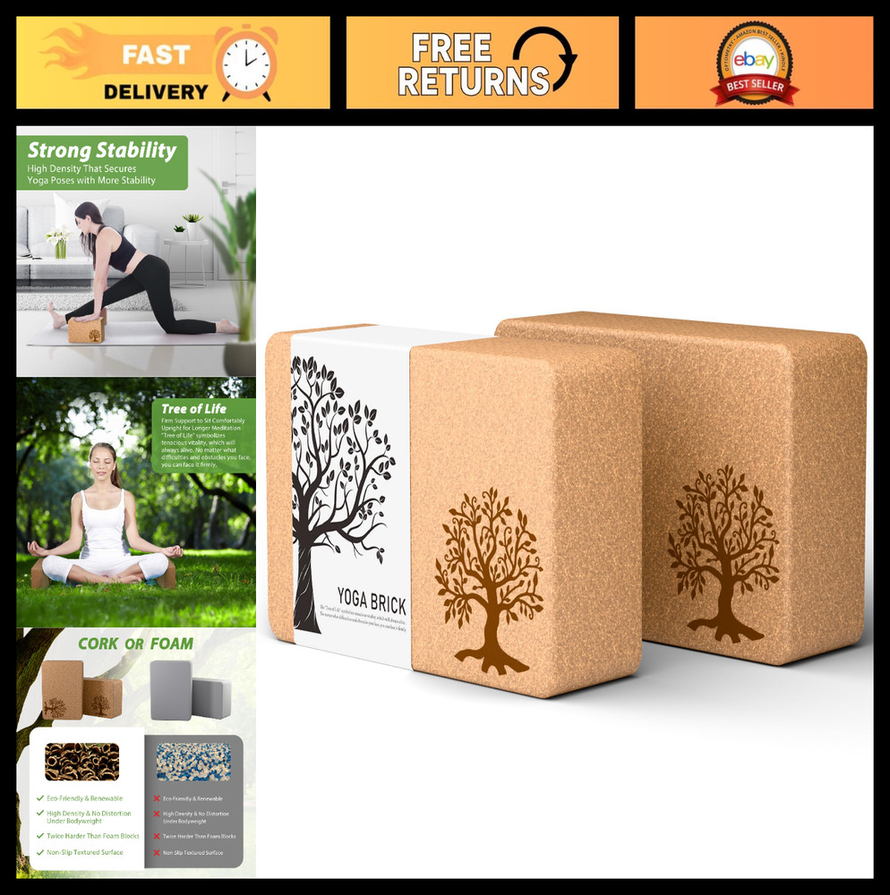 Natural Cork Yoga Blocks 2-Pack Set, Non-Slip Eco-Friendly Accessories for Yoga,