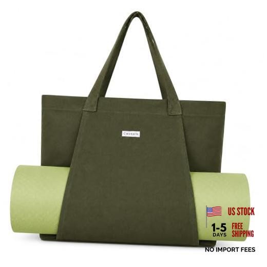 Yoga Mat Bag for Women, Pure Cotton Canvas Yoga Tote with Wet/Dry Pocket, Green