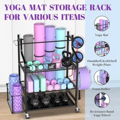 Yoga Mat Storage Racks Home Gym Storage Organizer Rack With Hooks and Wheels