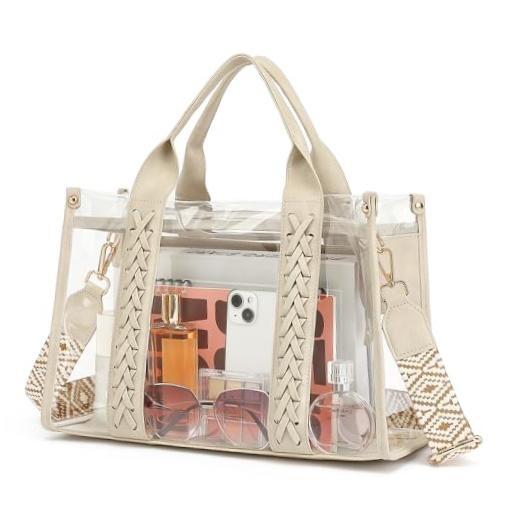 Clear Tote Bag for Women Stadium Approved Woven Crossbody Handbag Clear Beige