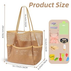 Beach Bags for Women, Mesh Beach Bag Tote, Summer Travel Foldable Pool Khaki
