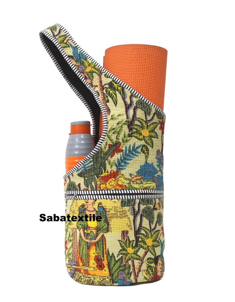 Indian Cotton Yoga Mat Bags Beige Frida Jhola Tote Bags, Quilted Yoga Mat Bags