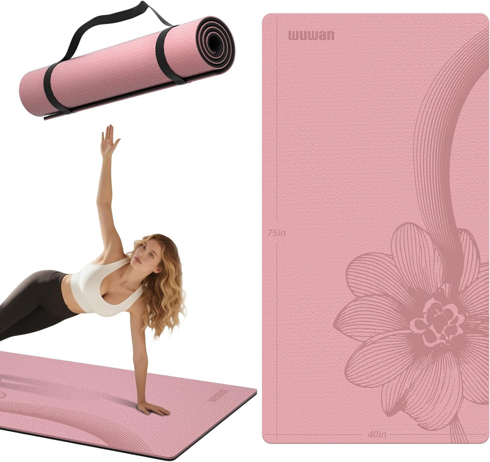 Extra Thick Large Yoga Mat 75″x40″ Non-Slip TPE Fitness Mat with Strap