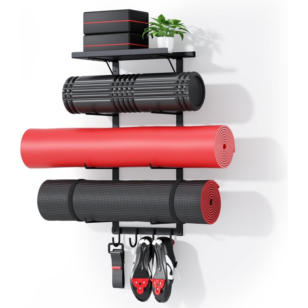Yoga Mat Wall Mount Storage Rack with Hooks for Foam Roller Bands Home Gym