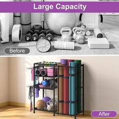 Yoga Mat Holder 4 Tier Home Gym Storage Rack W/ Hooks & Basket Metal Sports