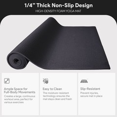 Fitvids 1/4” High Density Thick Non Slip Workout Yoga Mat and Carry Strap, Black