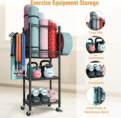 Home Gym Storage 3 Tiers Workout Equipment Organizer W/ Wheels Yoga Mats Foam