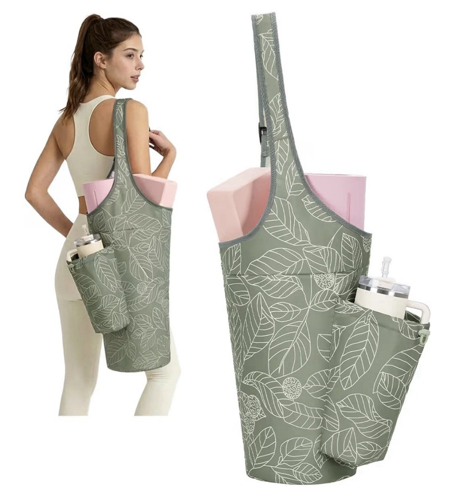 Beautiful Green Leaf Print Yoga Mat Bag Carrier, Adjustable Strap, 2 Pockets