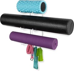 Space-Saving Metal Yoga Mat Holder with Hooks for Stylish Home Gym Organization