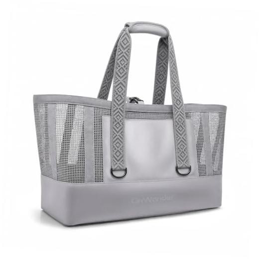 Large Mesh Beach Bag, Waterproof Bottom Tote, Structured Design 50L Grey