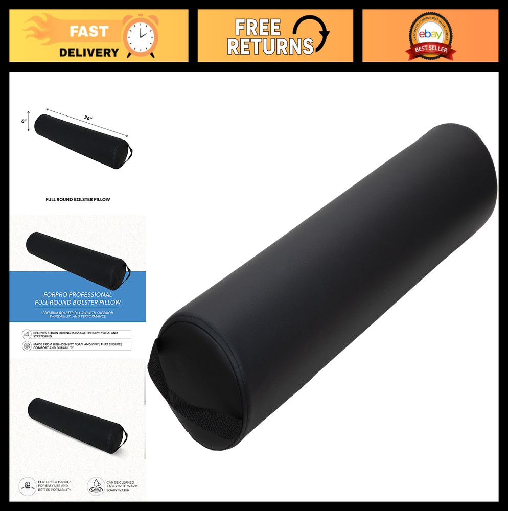 Full Round Bolster Pillow – Black, Oil & Stain Resistant, Massage & Yoga, 6″x26