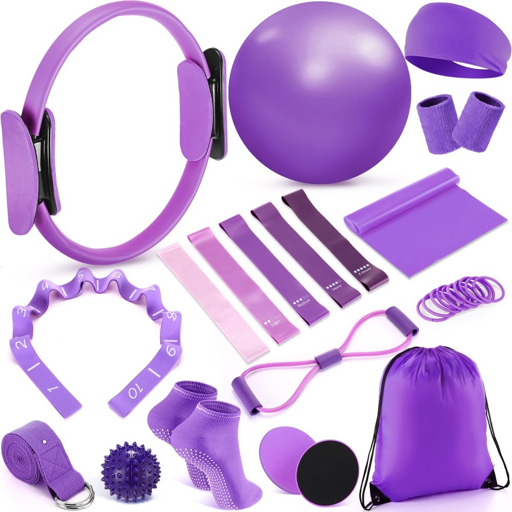 Poen 18 Pcs Purple Home Pilates Ball and Ring Circle Set Yoga Fitness