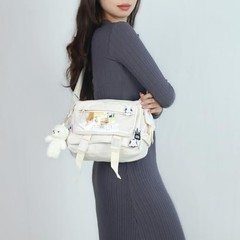 Kawaii Crossbody Ita Bag for Women with Pin and Pendant-Japanese Beige