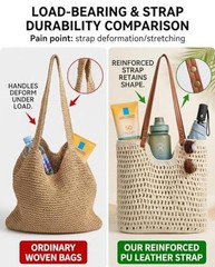 Crochet Beach Bags for Women, Reinforced Strap Woven Tote Bag with Beige
