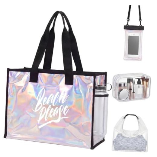 4-pcs Large Iridescent Clear Beach Bags Set for Women with Printed Text, Black