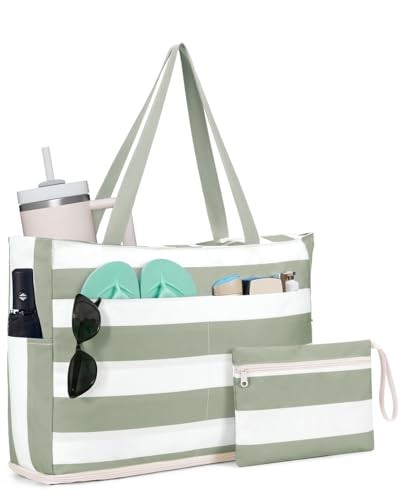 Beach Bags for Women, Large Waterproof Sandproof Beach Tote Bag with Green