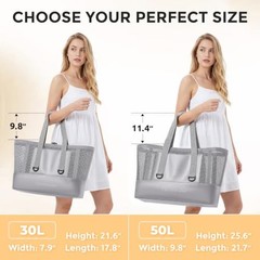 Large Mesh Beach Bag, Waterproof Bottom Tote, Structured Design 50L Grey
