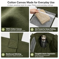 Yoga Mat Bag for Women, Pure Cotton Canvas Yoga Tote with Wet/Dry Pocket, Green