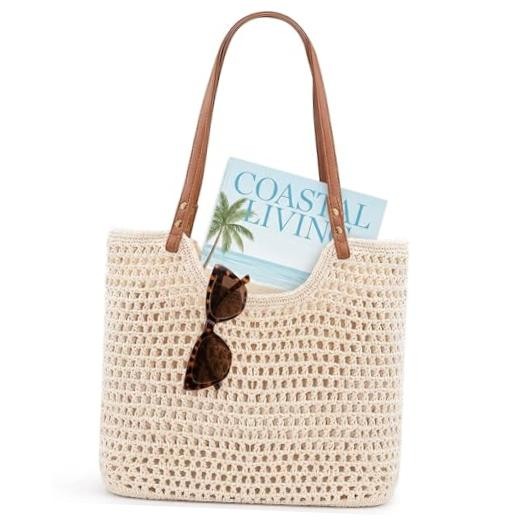 Crochet Beach Bags for Women, Reinforced Strap Woven Tote Bag with Beige