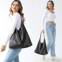 Hobo Bags for Women Soft Vegan Leather Shoulder Handbag Slouchy Tote Black