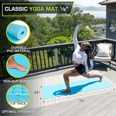 Classic Yoga Mat 1/8” (3mm) Thick, Extra Long 72-Inch Lightweight Fitness Aqua