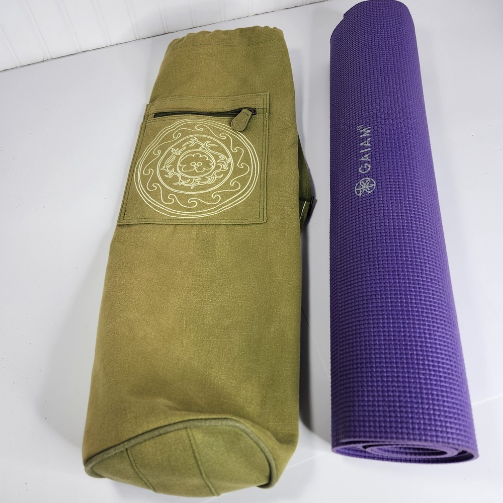 Vtg Gaiam Purple Anti Slip Yoga Mat Green Canvas Carry Bag Pilates Fitness