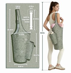 Beautiful Green Leaf Print Yoga Mat Bag Carrier, Adjustable Strap, 2 Pockets