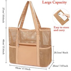 Mesh Beach Bag for Women, Summer Straw Tote Hobo Pool Bags Multi-pocket B, Tan