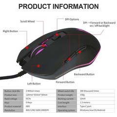USB-C Wired Gaming Mouse 7-Color RGB 2400 DPI for Type-C Devices Black