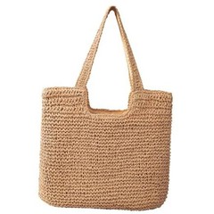 Straw Beach Bags for Women – Women Beach Handmade Woven Tote Bag, Summer Khaki
