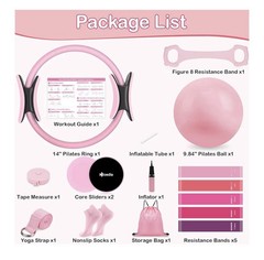 Pilates Kit for Women, 14-Piece Set, Pink, 14″ Ring, Ball, Bands