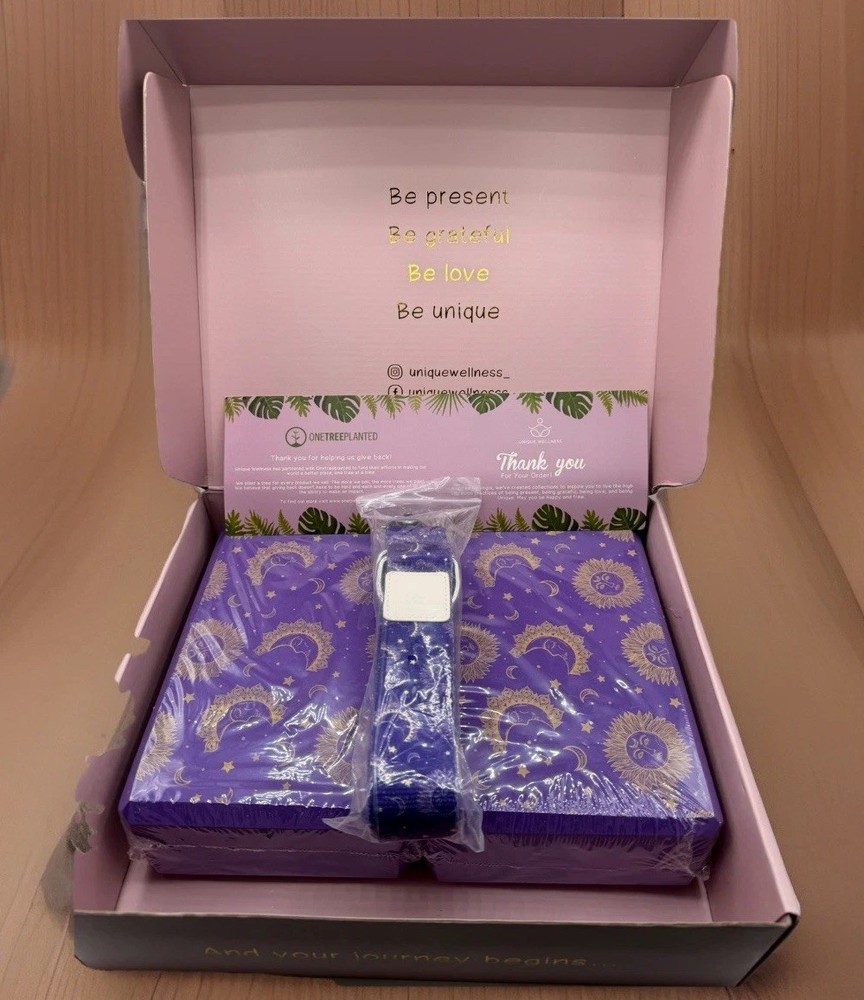 Unique Wellness Celestial Yoga Set – 2 Purple Blocks & Strap NIB