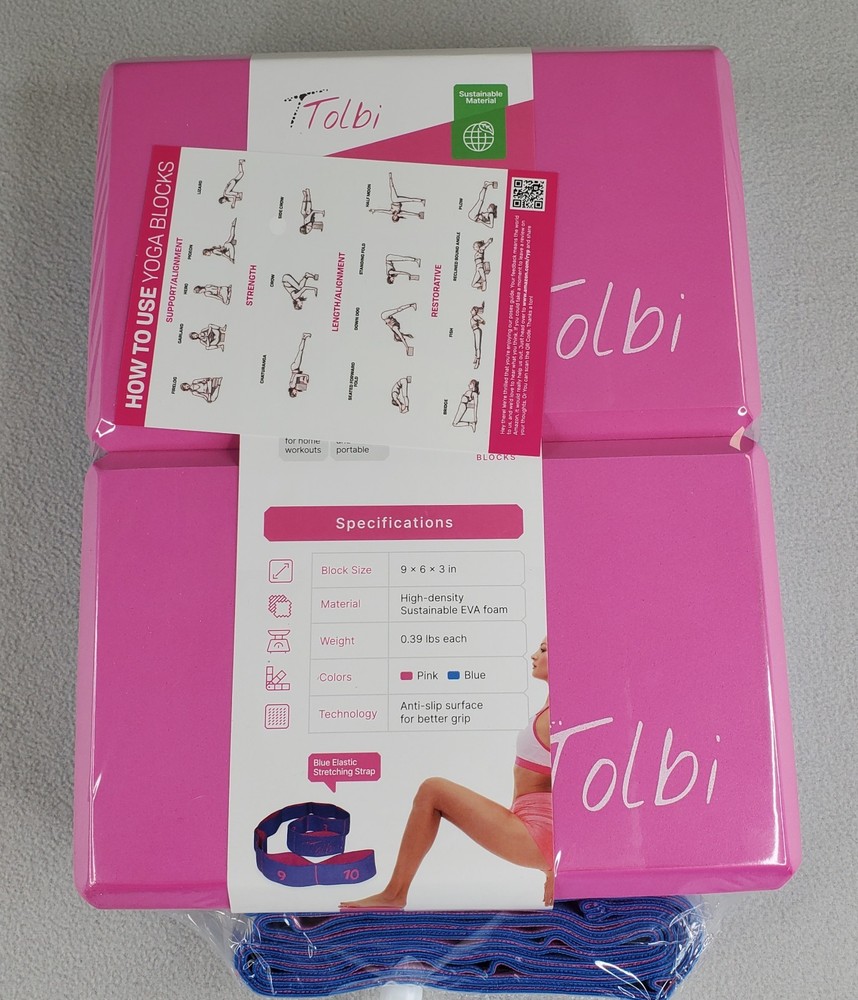 Tolbi 2 Yoga Blocks w Stretch Strap 9 x 6 x 3in Pink Blue Dense EVA Foam Sealed