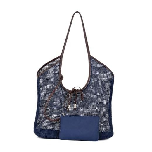 Mesh Beach Tote Bag with Zipper Pouch, Large Breathable Net Shoulder Bag Blue