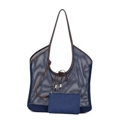 Mesh Beach Tote Bag with Zipper Pouch, Large Breathable Net Shoulder Bag Blue