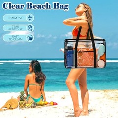 Clear Beach Bag for Women, Large Pool Tote Cruise Vacation Essentials – Black