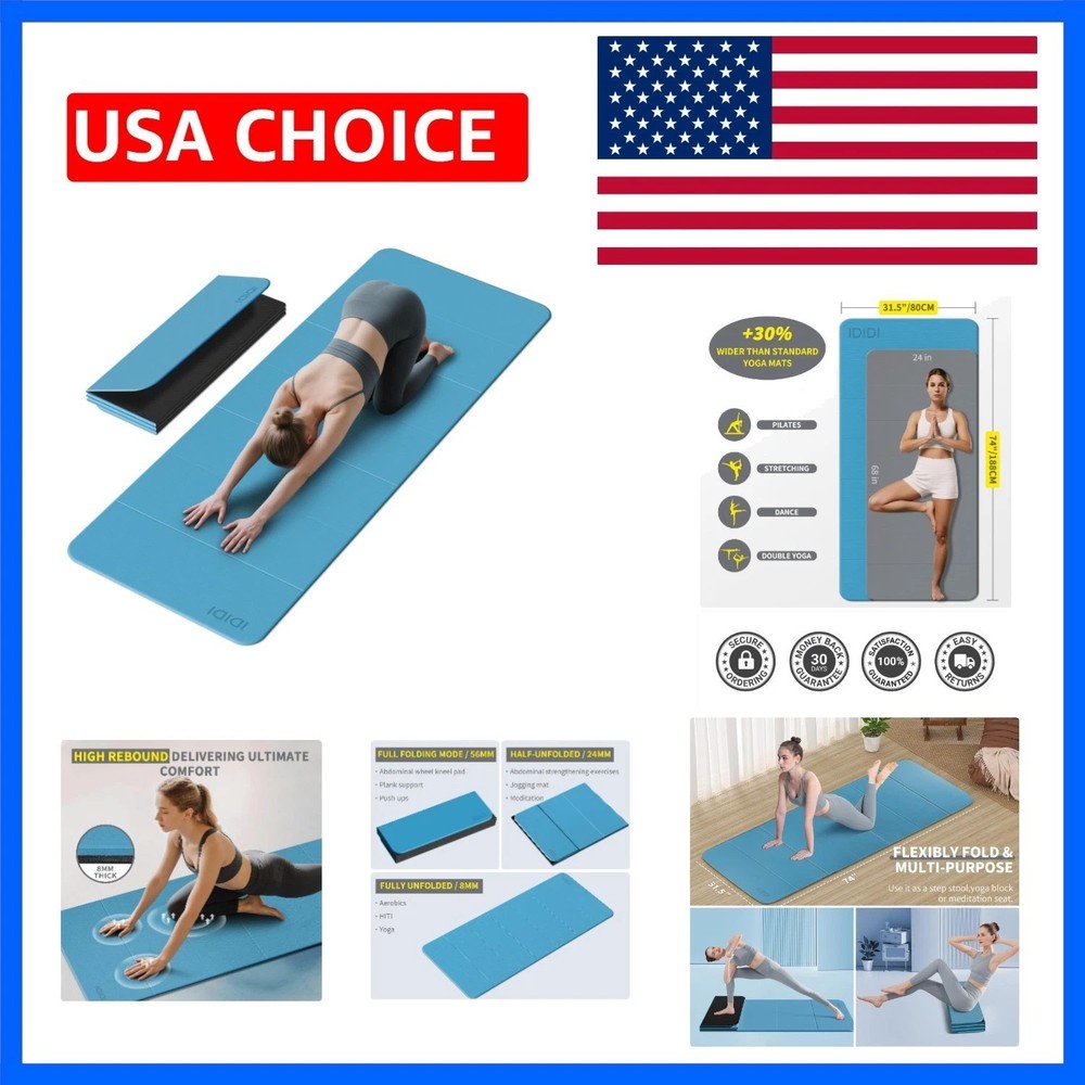 Foldable Extra Large Yoga Mat 74″×31.5″, 8mm Double-Sided Non Slip Lightweigh…