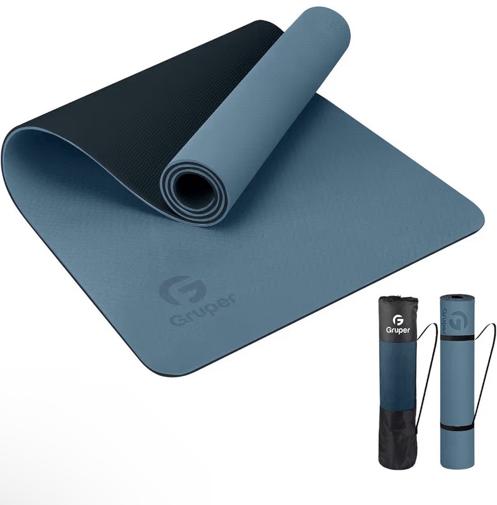 Gruper TPE Non-Slip Yoga Mat 72×24 Blue/Black Rectangle w/ Carrying Bag
