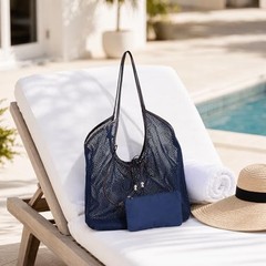 Mesh Beach Tote Bag with Zipper Pouch, Large Breathable Net Shoulder Bag Blue