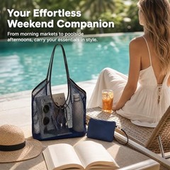 Mesh Beach Tote Bag with Zipper Pouch, Large Breathable Net Shoulder Bag Blue