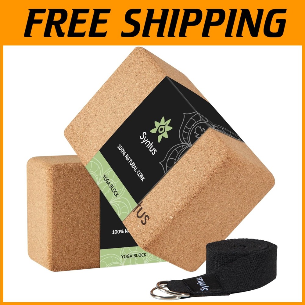 2 Cork Yoga Blocks 8ft Strap Set for Fitness & Stretching