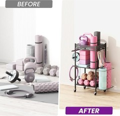 Efficient 3-Layer Home Gym Storage Rack with Wheels for Yoga & Fitness Equipment