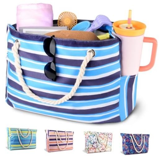 Large Beach Bag Women,Beach Bags Waterproof Sandproof with Zipper Wet Blue