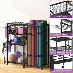 Yoga Mat Holder 4 Tier Home Gym Storage Rack W/ Hooks & Basket Metal Sports