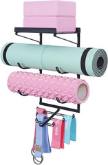 Yoga Mat Holder Wall Mount Storage Shelf Black & Hooks for Resistance Bands | Al