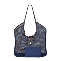 Mesh Beach Tote Bag with Zipper Pouch, Large Breathable Net Shoulder Bag Blue