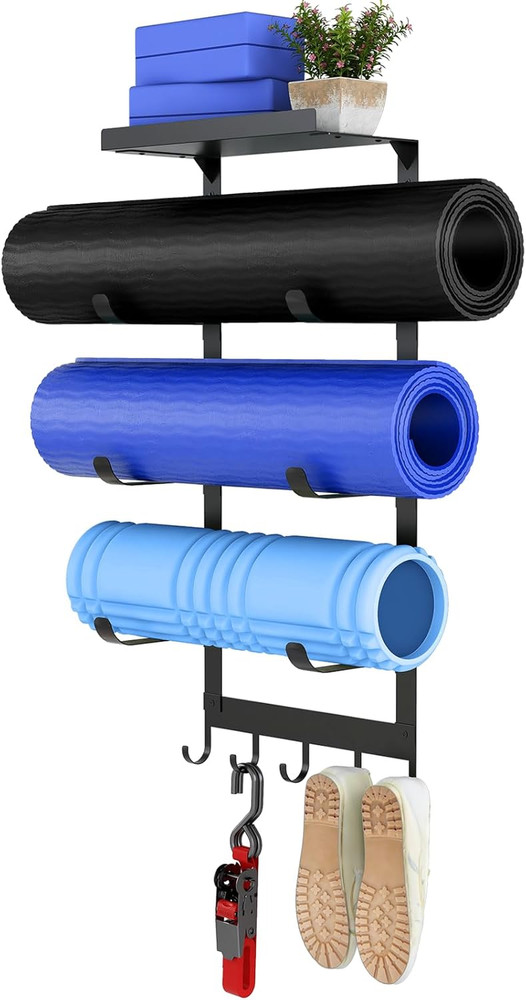Yoga Mat Holder Wall Mount, Black Yoga Mats Storage Rack, Home Gym Storage with