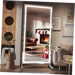 Home Gym Mirror with Light 360° Swivel on Wheels, 71″ x 71″L x 36″W White/ Led